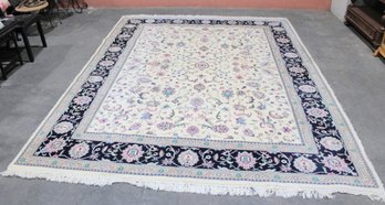 Kashan Carpet 9'1' X 12'  Persian Style Floral Rug With Ivory Field & Dark Border