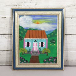 Folk Art Original Painting  Cottage House Landscape  Framed  13.5 X 10