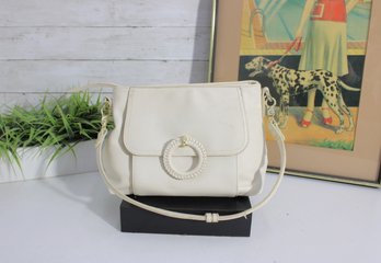 Ivory Pebbled Leather Crossbody Bag  Gold Ring Flap Detail With Back Zip Pocket