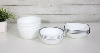 Corelle White Bowl Group Lot  Mixed Sizes  Black Rim Pattern