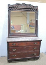 Antique Carved Wood Dresser With Mirror  Marble Top Chest 49.5'W X 22'D X 34.5'H, Ornate Victorian Style