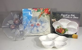 Lot Of 2 Sectioned Serving Platters  Mikasa Glass & White Floral Dish