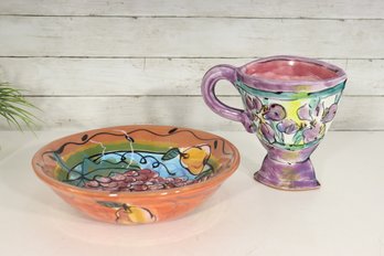 Hand-Painted Colorful Ceramic Bowl & Mug Set  11.5' Round Bowl & 6.5' Tall Mug