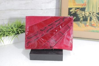 Vintage Red Patent Leather Clutch  Snakeskin Inlay Design With Detachable Strap