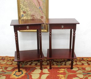 Pair Of Classic Wooden Side Tables With Drawers And Lower Shelf