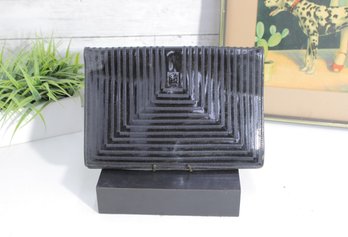 Vintage Fendi Black Leather Clutch  Geometric Ribbed Design With Dust Bag
