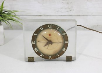 RARE Telechron Modernist Lucite Mantel Clock  Brass Roman Dial Mid Century  6.5'