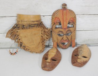 Group Lot Of Hand-Carved Decorative Masks And Woven Wall Hanging