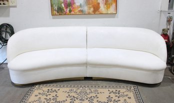 Modern Curved White Upholstered Loveseat Sofa W/ Brass Base  Sculptural Design 34' X 57' X 23'