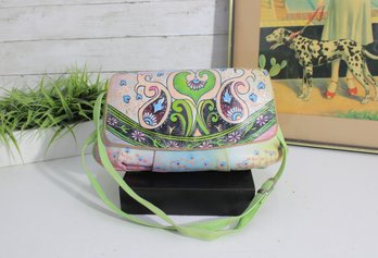 Vintage Baci Paisley Crossbody Bag  Pastel Floral Print With Green Strap