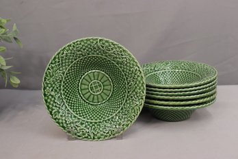 7 Bordallo Pinheiro  Green Soup Plates Vines Basket Weave