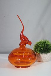 Vintage Mid-Century Amberina Art Glass Lidded Dish  Bird Finial