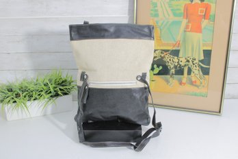 MODUS RIO Black Leather & Linen Shoulder Bag  Oversized Clutch Style, Neutral Modern Design