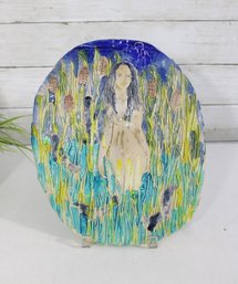Vintage Studio Pottery Wall Plaque  Woman In Reeds Scene  Hand Painted Art Tile 12' X 9.5'