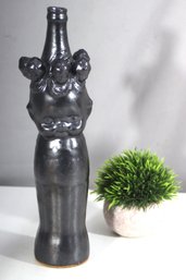 Unique Vintage Folk Art Pottery Bottle  Sculptural Ceramic With Faces