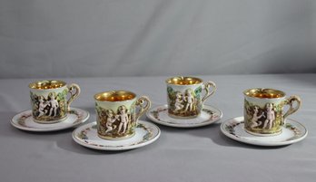 Group Lot Of 4 Vintage Singed Capodimonte Giled Demitasse Cup & Saucer Set