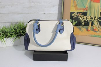 Stylish Two-Tone Blue & White  Satchel Handbag  Cream & Blue  Double Zip Compartments  Structured Classic