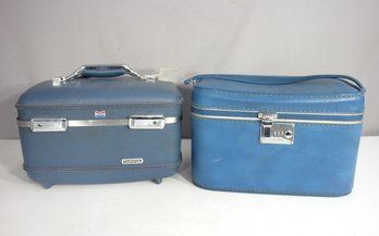 Vintage Blue Train Case Lot  Samsonite & Combination Lock Cosmetic Luggage