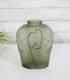 Art Deco Molded Glass Vase W/ Parrots  Frosted Green Satin Glass  9'
