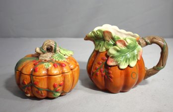 Charming Ceramic Pumpkin Pitcher And Covered Dish Set-( 4' & 5'H)