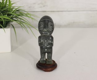 Hand-Carved 5' Stone Tribal Figure On Wooden Base  Primitive Folk Art Sculpture