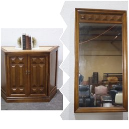 Vintage Wood & Marble Console Cabinet With Matching Mirror  Elegant Storage & Display