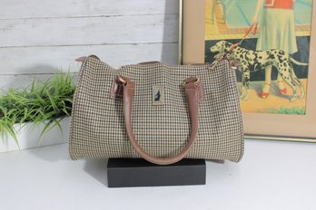 Classic Houndstooth Satchel Handbag  Brown Leather Trim  Structured Weekend Or Work Bag