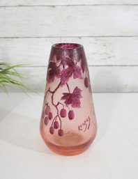 Legras Cameo Art Glass Vase  French Cranberry W/ Berry & Leaf Motif  Signed  8'