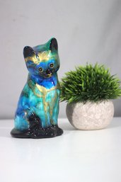 Hand-Painted Ceramic Cat Figurine  Vibrant Blue & Gold Glaze