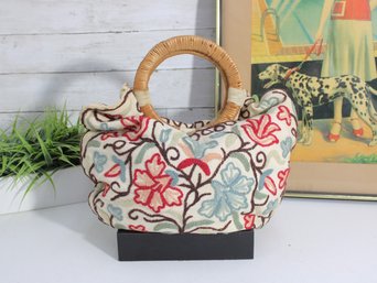 Embroidered Floral Tote Handbag  Bamboo Handles  Boho Cottagecore Style Bag