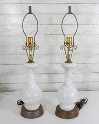 Pair Vintage Marble & Brass Table Lamps  White Stone Mid Century  Working  28' Tall