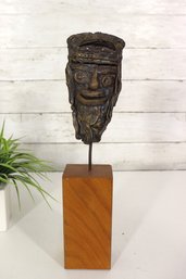 Vintage Cast Metal Tribal Head Sculpture On Wood Base  13' Mounted Art Piece
