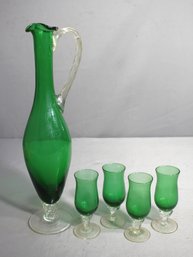 Vintage Blown Glass Decanter With Four Cordial Glasses - Elegant Green Set