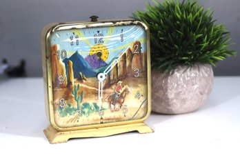 Vintage Western-Themed Alarm Clock  Cowboy & Desert Scene  Not Working