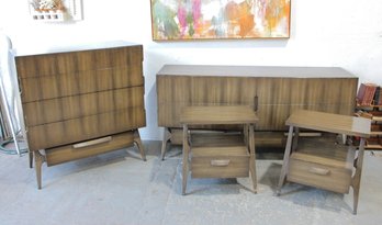 Mid-Century Modern 4-Piece Bedroom Set  Dresser, Chest & Nightstands  Sculptural Wood Design
