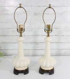 Vintage Hollywood Regency Milk Glass Table Lamp Pair Neoclassical Relief 24' Tall Brass Accents