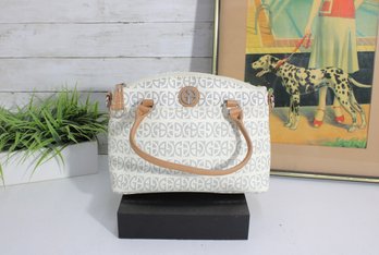 Giani Bernini Signature Satchel Handbag  Cream Monogram  Tan Leather Trim  Classic Style