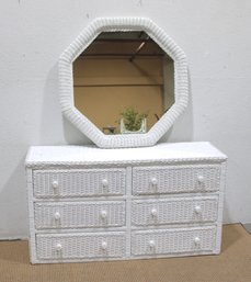 White Wicker Dresser With Octagonal Mirror  Coastal Style Chest 53'W X 17'D X 30'H, Mirror 36' X 36'