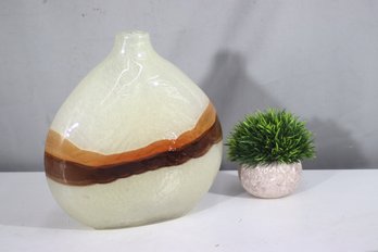 Hand-Blown Art Glass Vase  Elegant Cream & Amber Swirl Design