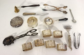 Group Lot Of Vintage Silverplate Tableware & Utensils  Napkin Rings, Tongs, Tea Strainer & More