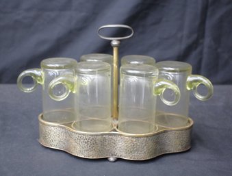Vintage Blown Glass Cups With Metal Holder - Set Of 6