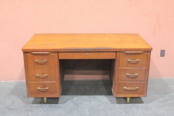 Vintage Mid-Century Office Desk 58'W X 30'D X 29.5'H  Wood Executive Desk With Drawers & Slide-Out Shelf