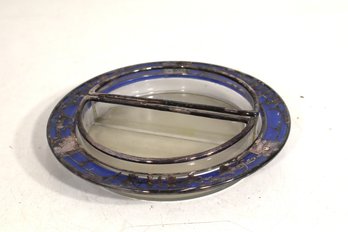 Vintage 8' Glass Divided Serving Dish Blue Enamel Inlay Silver Tone Floral Rim