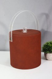 Vintage Suede-Wrapped Ice Bucket With Lucite Handle & Lid  Mid-Century Modern