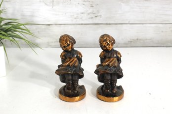Vintage Cast Metal Girl Bookends  Bronze And Gold Finish, Art Deco Style Pair