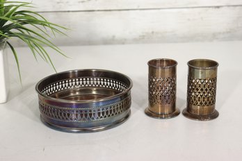 Vintage Sheffield Pierced Metal Coaster & Toothpick Holder Set  3pc Lot