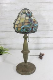 Vintage Tiffany Style Stained Glass Table Lamp Floral Leaded Shade Bronze Base 22.5'