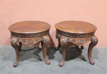 Pair Of Carved Round Accent Tables  24'H X 28' Round  Inlaid Wood Tops W/ Cabriole Legs
