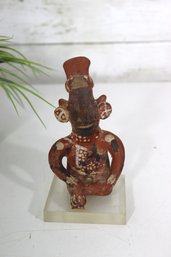 Vintage Tribal Style Hand Painted Clay Figurine On Lucite Base  5.5'Tall
