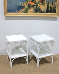 Pair Of White Wicker Rattan Side Tables W/ Lower Shelf  25'H X 17'W X 17'D